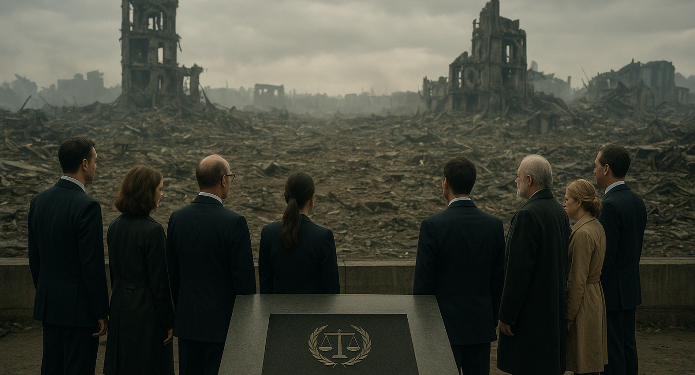 A highly photorealistic, cinematic landscape photograph of somber men and women gathered at a war crimes memorial site, looking out over vast ruins as representatives of international law.