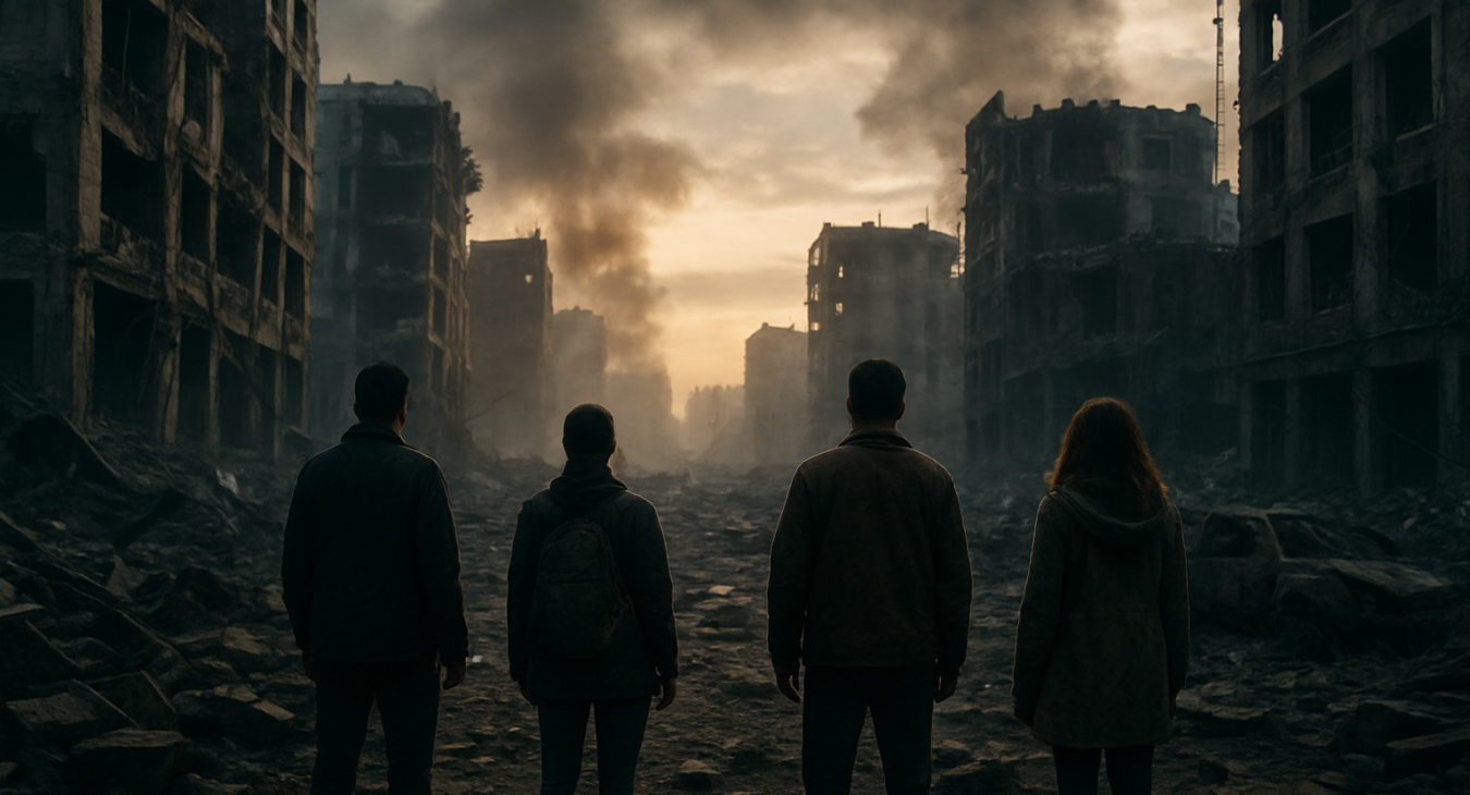Photorealistic cinematic landscape of people surveying urban devastation after a modern conflict, symbolizing war's enduring presence.