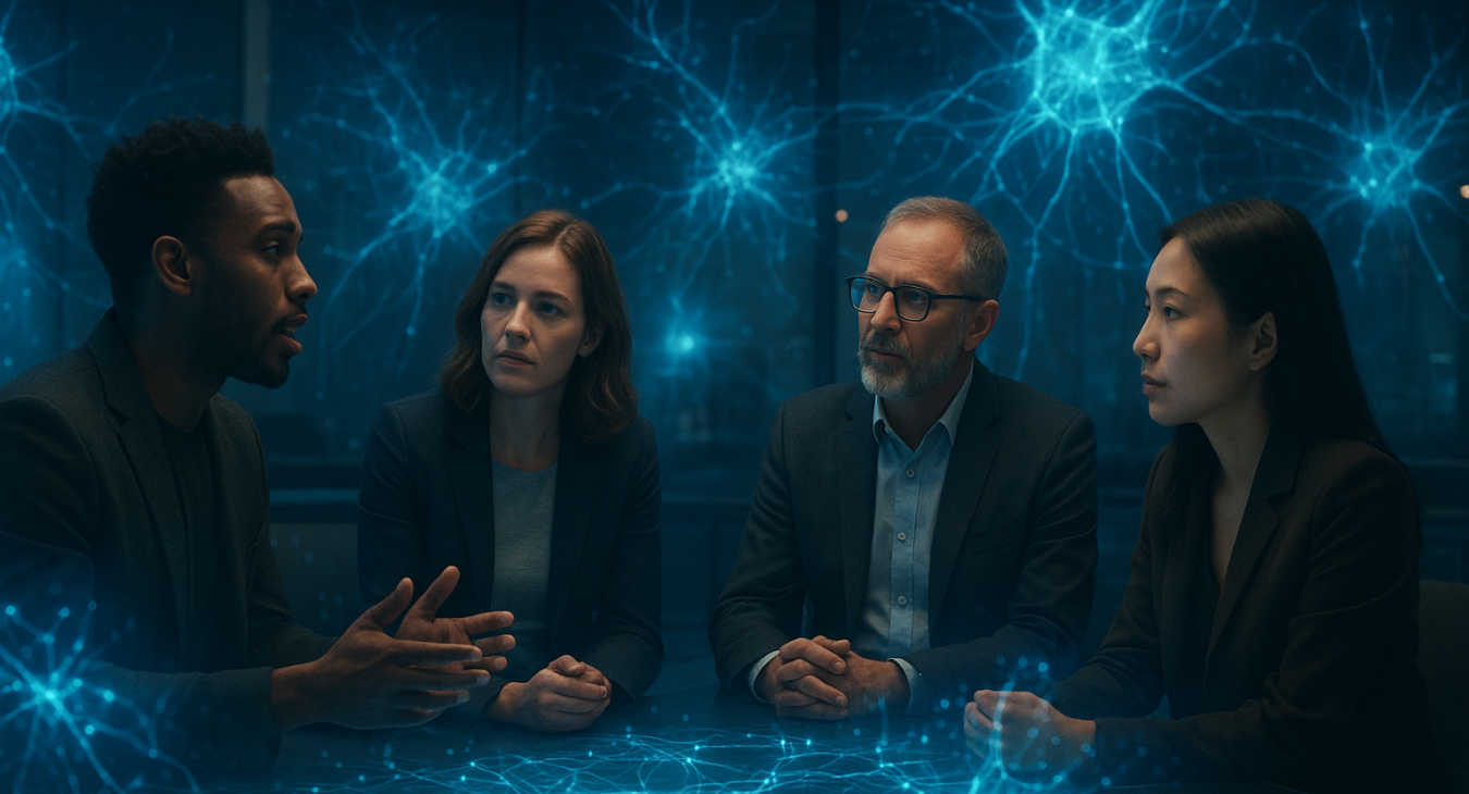 Diverse people in a high-tech forum converse amid glowing holographic neural maps representing the fusion of human and AI dialogue.