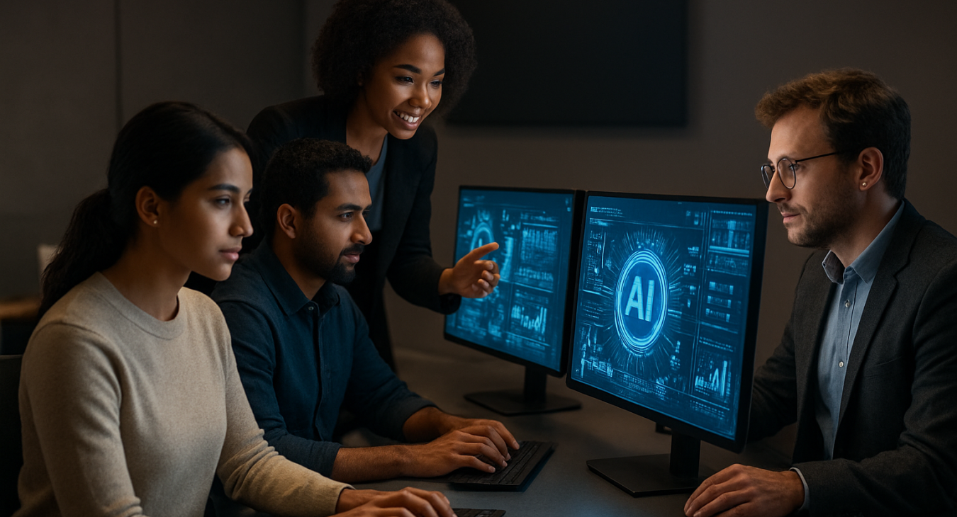 Diverse team of men and women collaborating around sleek workstations with glowing AI data visualizations, photorealistic, cinematic lighting.
