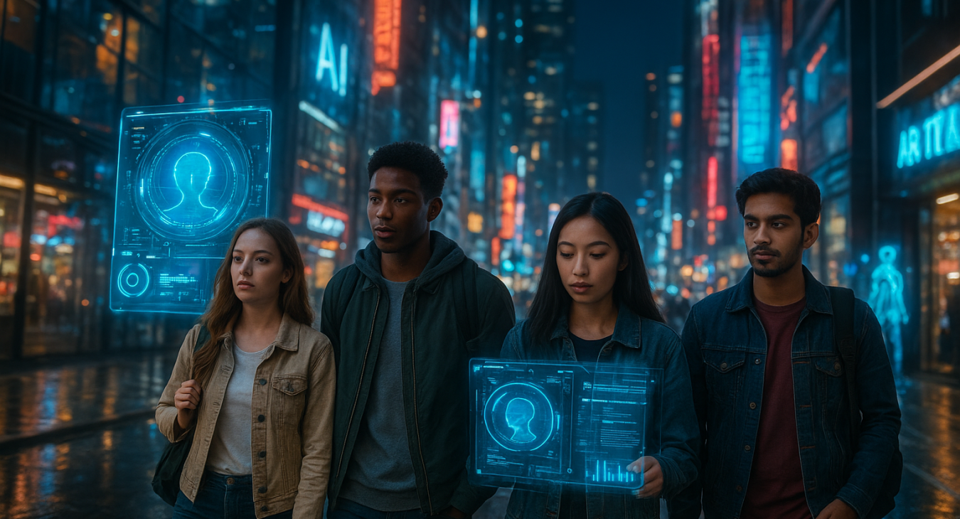 Diverse young people walking through a futuristic city with holographic AI displays