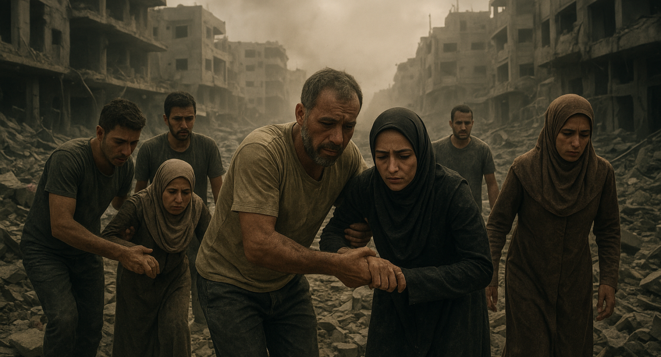 Men and women assist each other amidst the rubble of modern Gaza, their faces etched with resilience yet conveying profound loss under a dusty, harsh sky.