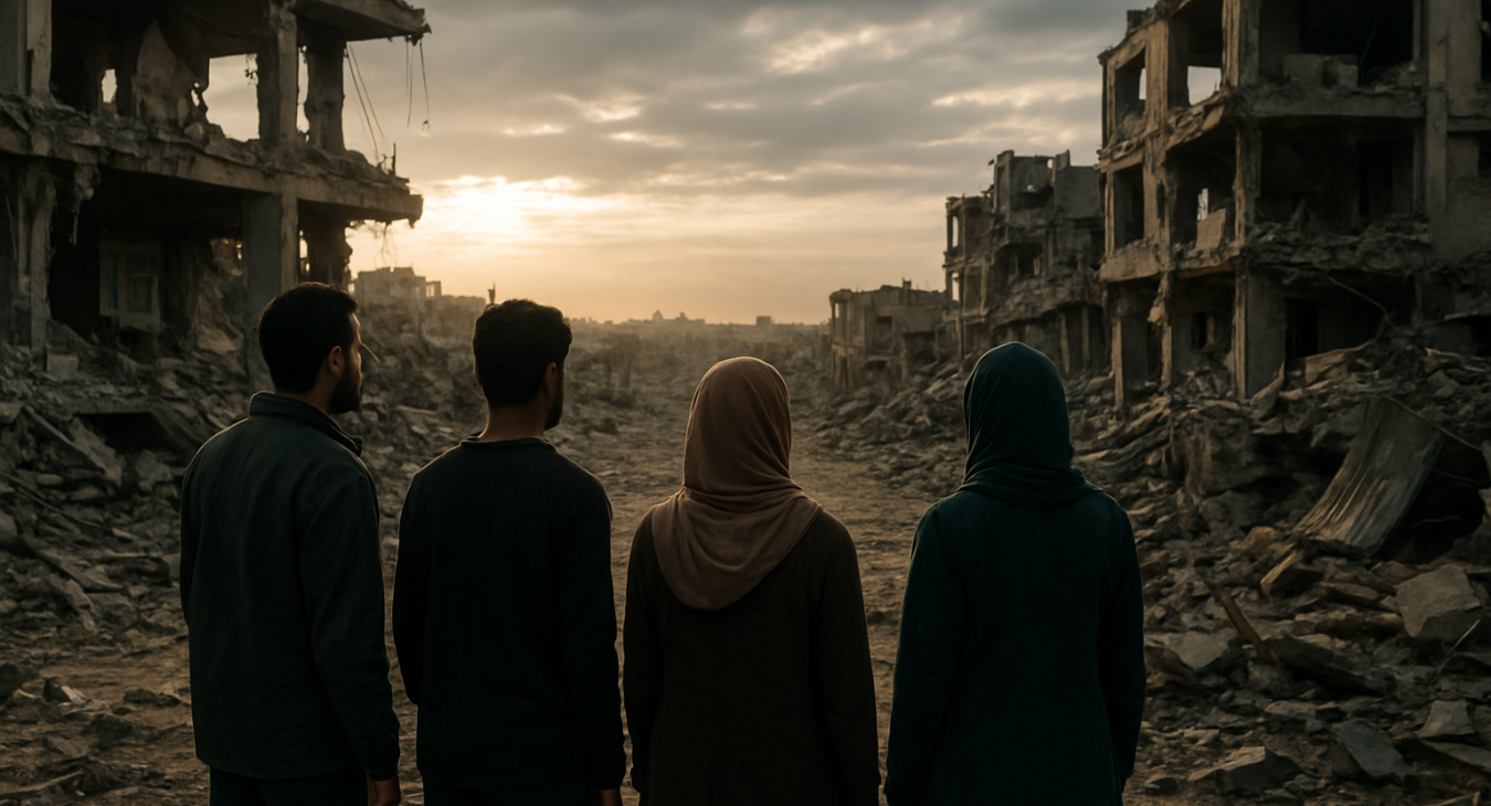 Diverse men and women survivors stand solemnly among damaged structures in Gaza, gazing at the distant horizon as if reflecting on time and loss.