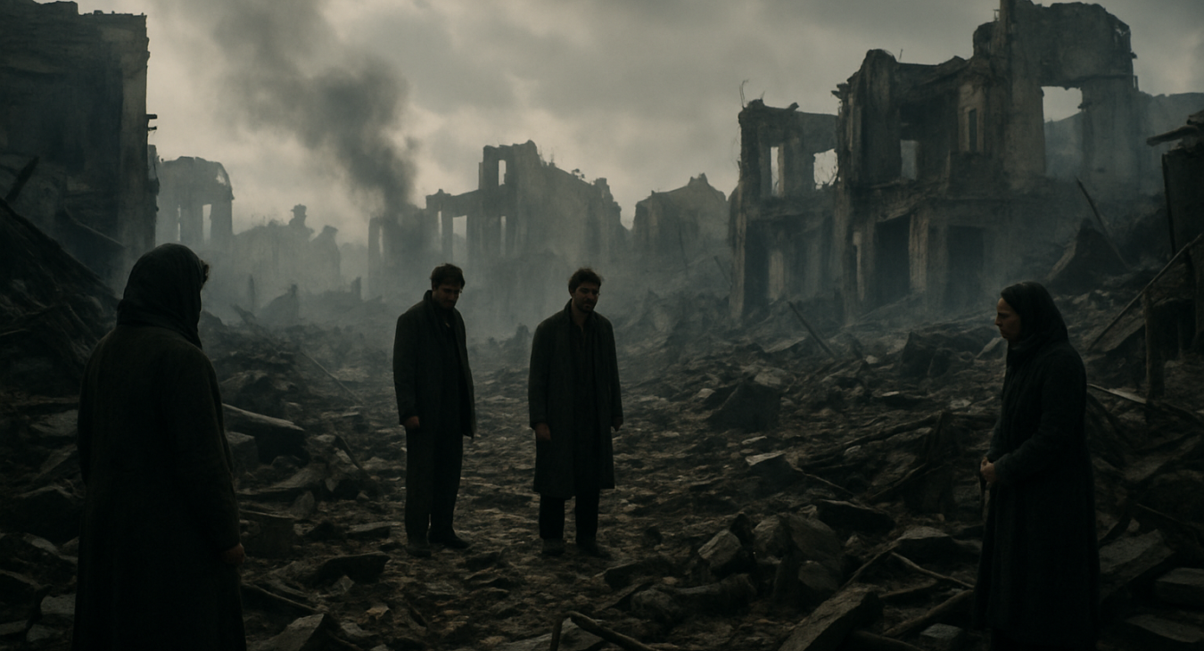 Photorealistic cinematic landscape showing devastated population center after an atrocity, with men and women gathered among scattered ruins and debris of loss.