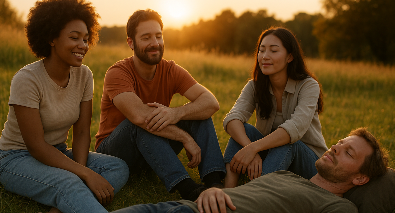 Diverse group of men and women relaxing leisurely during golden hour, capturing the quiet joy of deliberate idleness away from urban chaos.