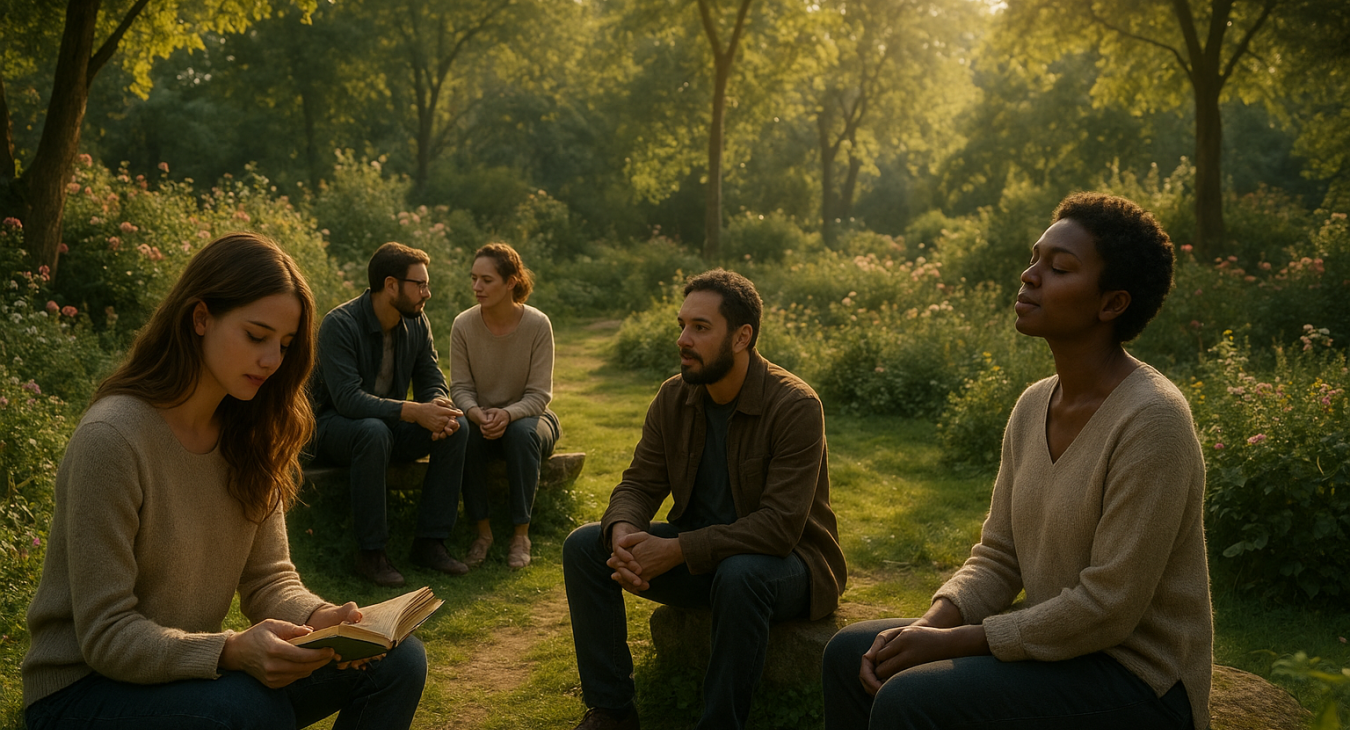 Mixed group of men and women in a serene garden, reading and deep in conversation, bathed in natural light, symbolizing profound value.
