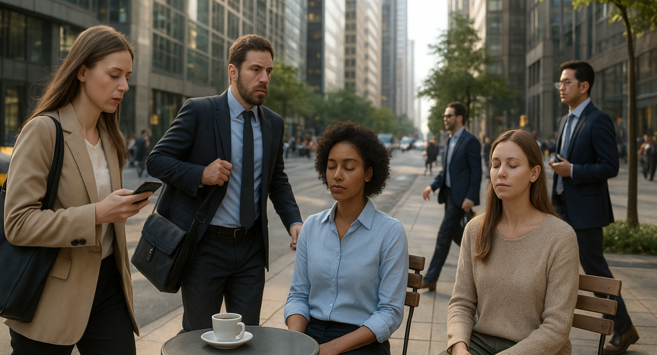 A photorealistic cityscape where diverse people rush with phones and bags as others relax at cafe tables or benches, capturing the contrast between urban hustle and pause.