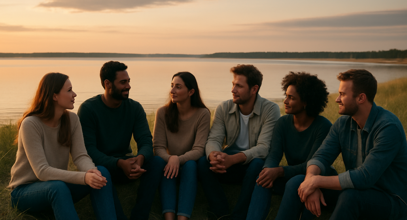 A diverse group of men and women sitting on grassy dunes by a calm lake, engaged in quiet conversation, embodying profound rest.