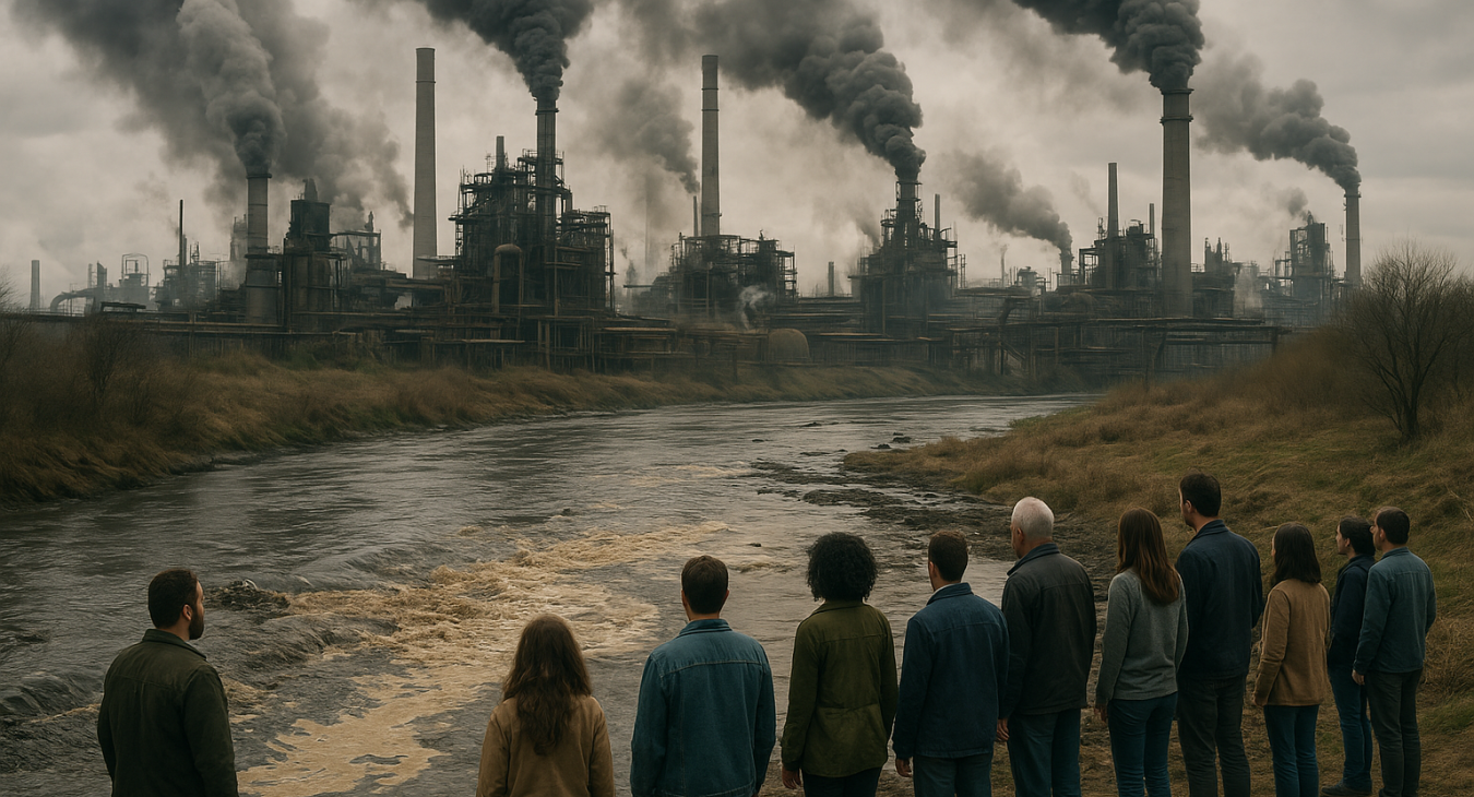 Photorealistic landscape of a toxic industrial complex polluting a river, with diverse men and women on the bank surveying the environmental devastation.