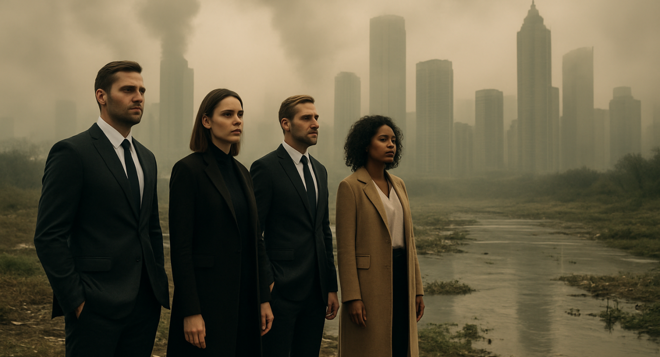 Stylishly dressed people stand before smog-choked skyscrapers overlooking polluted rivers and degraded ecosystems, symbolizing modern environmental neglect.