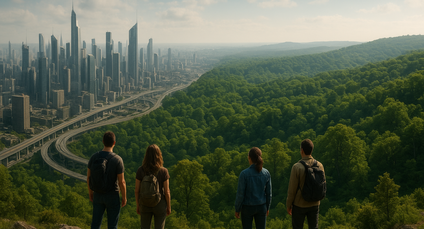 People observing a landscape where sprawling urban megastructures clash with untouched vibrant wilderness, illustrating endless growth versus nature.