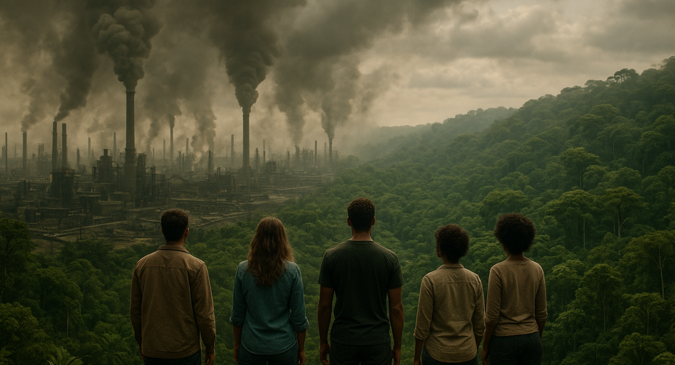 Diverse groups of people at the boundary between a smog-filled industrial sprawl and a vibrant emerald rainforest.