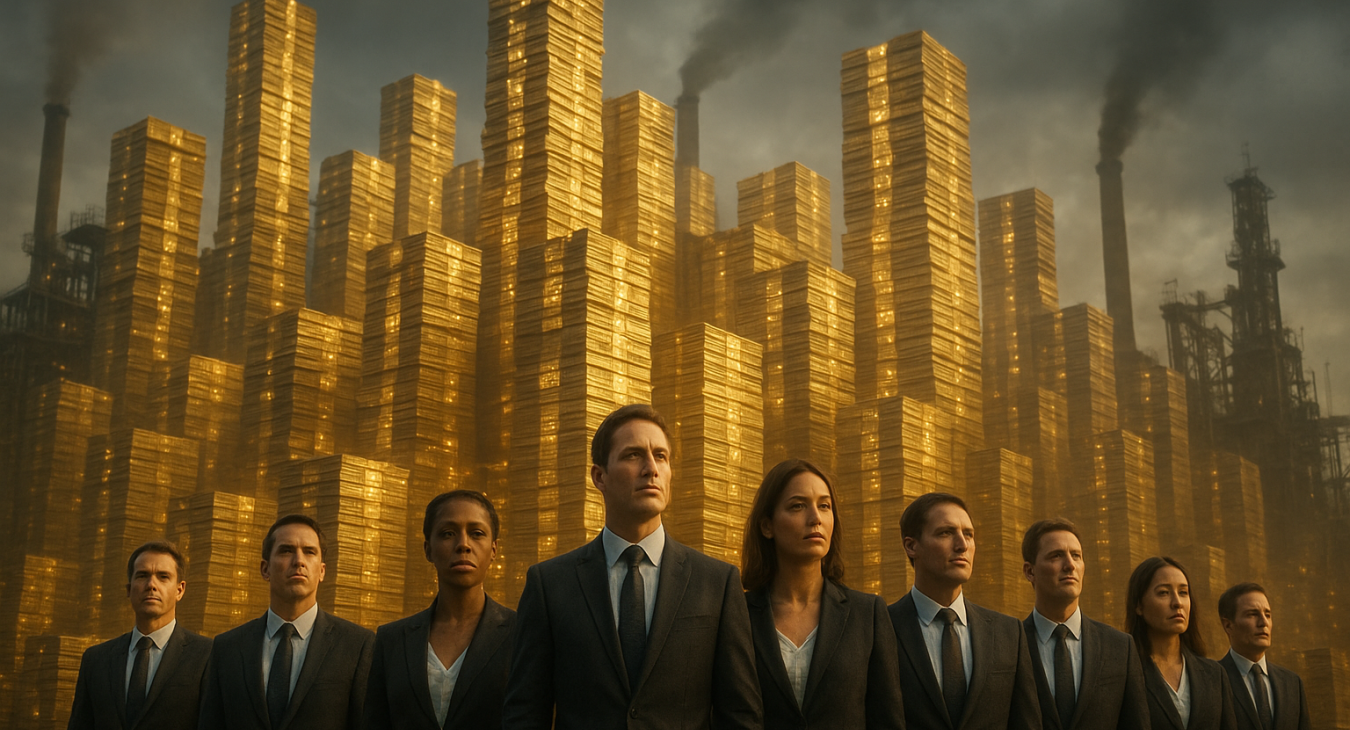 A cinematic photorealistic landscape shows diverse men and women in business attire standing among enormous industrial structures built from stacks of glowing currency, representing relentless, overwhelming power.