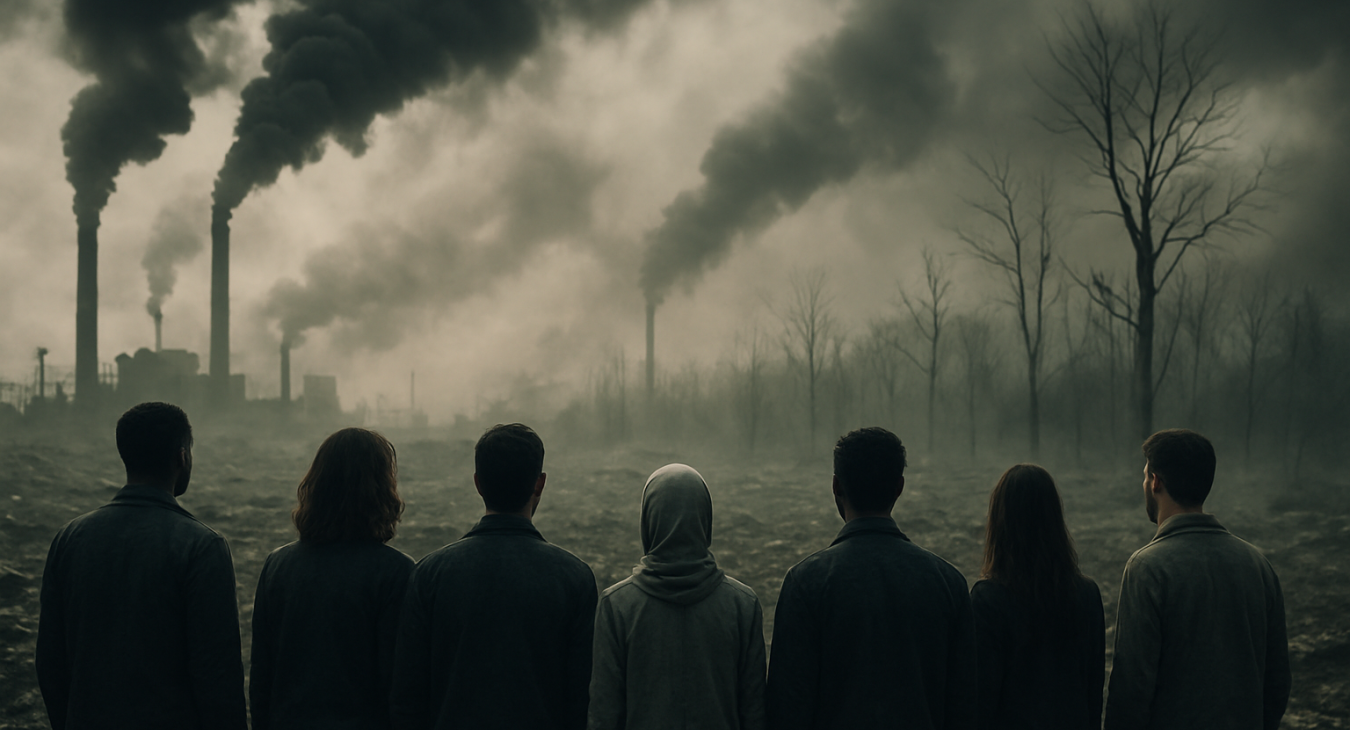 A diverse group of men and women stand in a polluted landscape, looking toward a dying forest engulfed by industrial smog and waste, symbolizing environmental destruction.