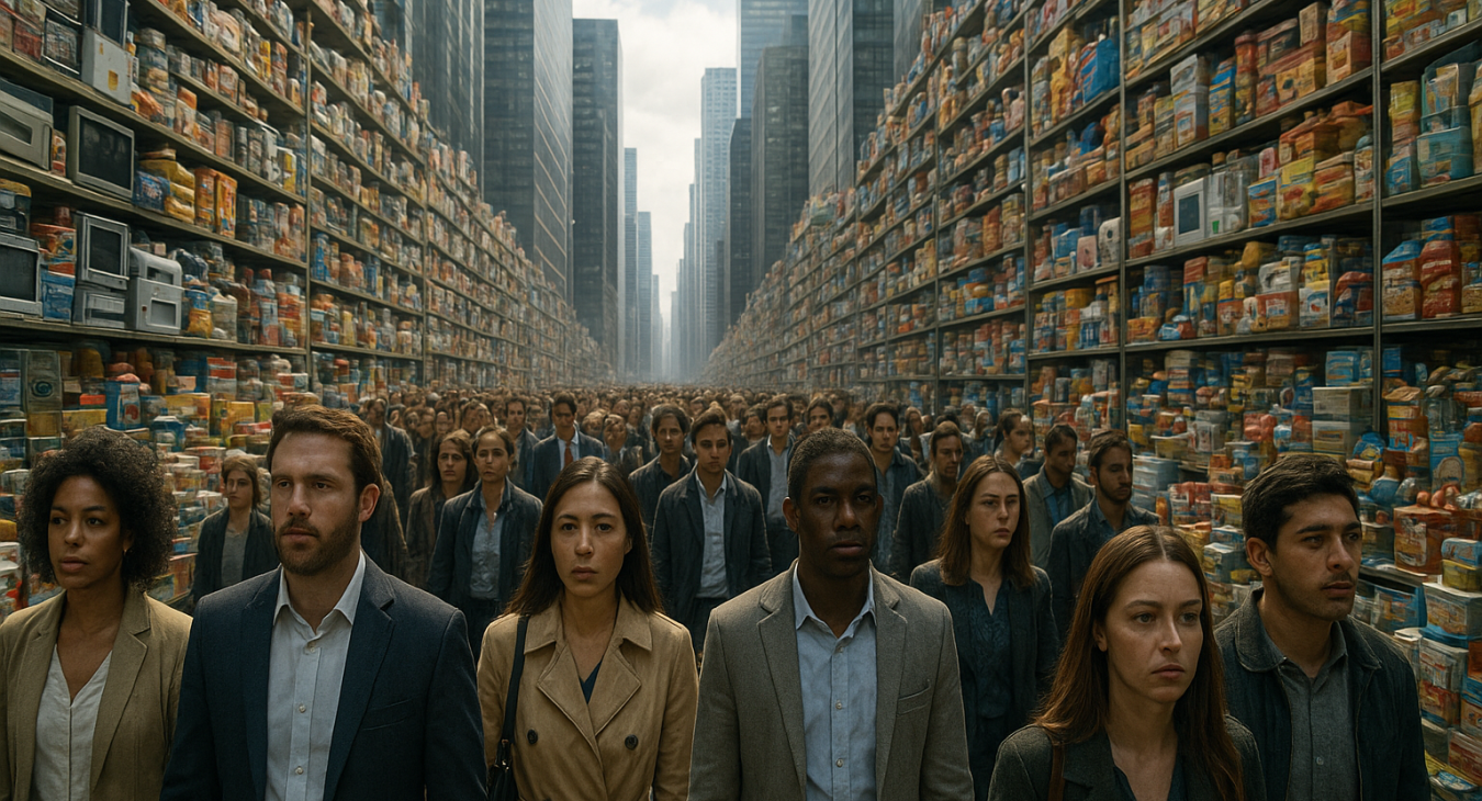 Diverse men and women stream through a hyper-modern cityscape choked with escalating consumer goods, symbolizing relentless pursuit