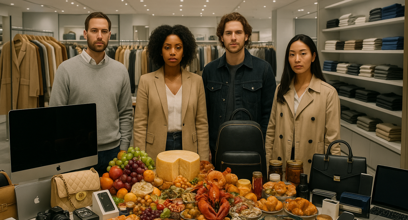 Photorealistic scene of a diverse group of people in a modern luxury store surrounded by opulent goods, symbolizing material abundance.