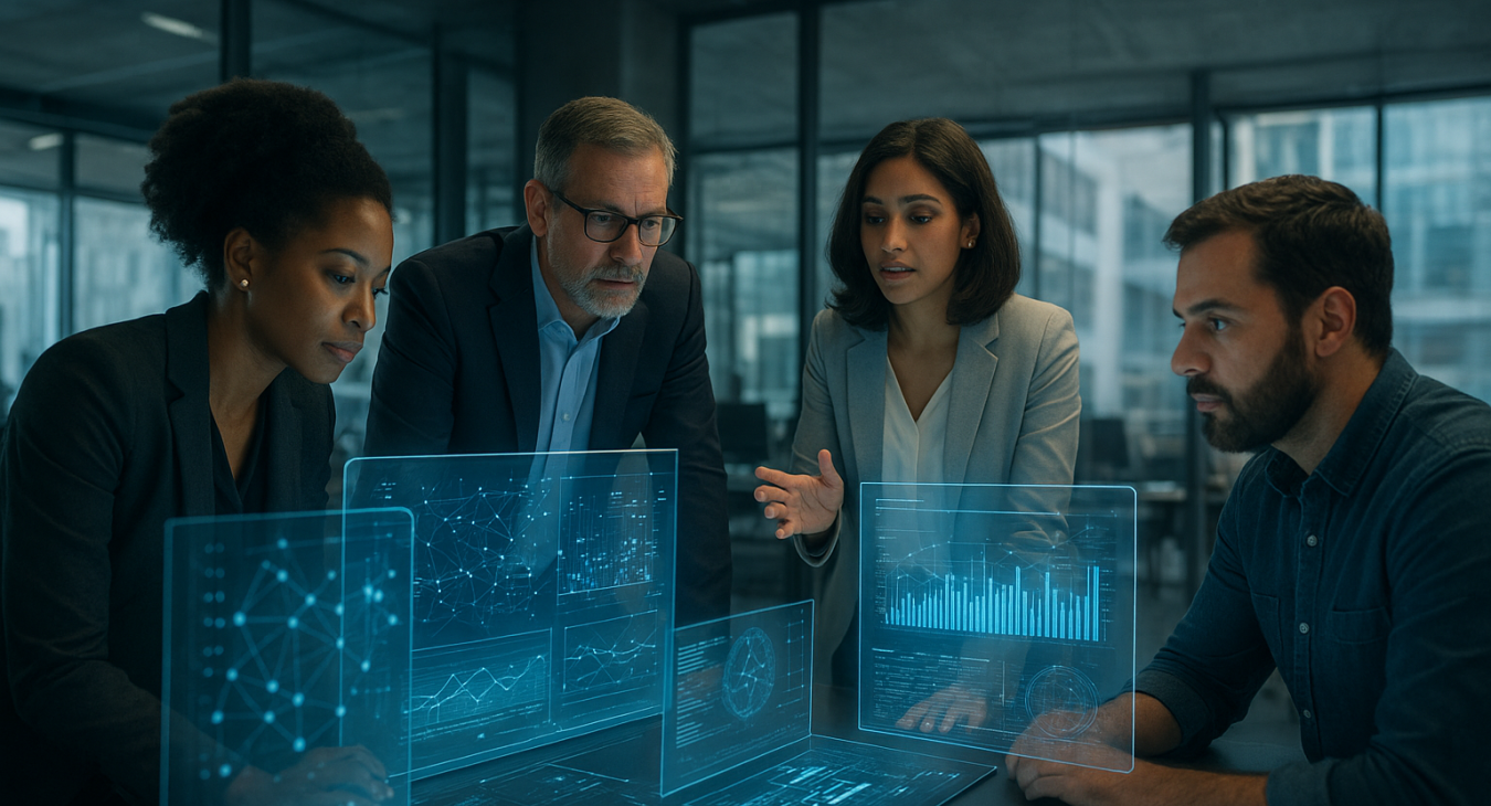 Diverse group of professionals collaborating around holographic screens displaying complex data models and visualization graphs, representing the concept of few-shot.