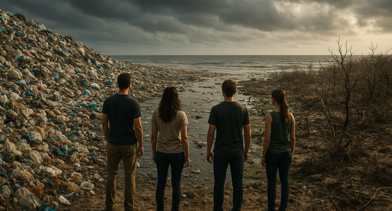 Men and women observe a polluted coastline where massive waste piles meet dying ecosystems, illustrating the resource consumption crisis.