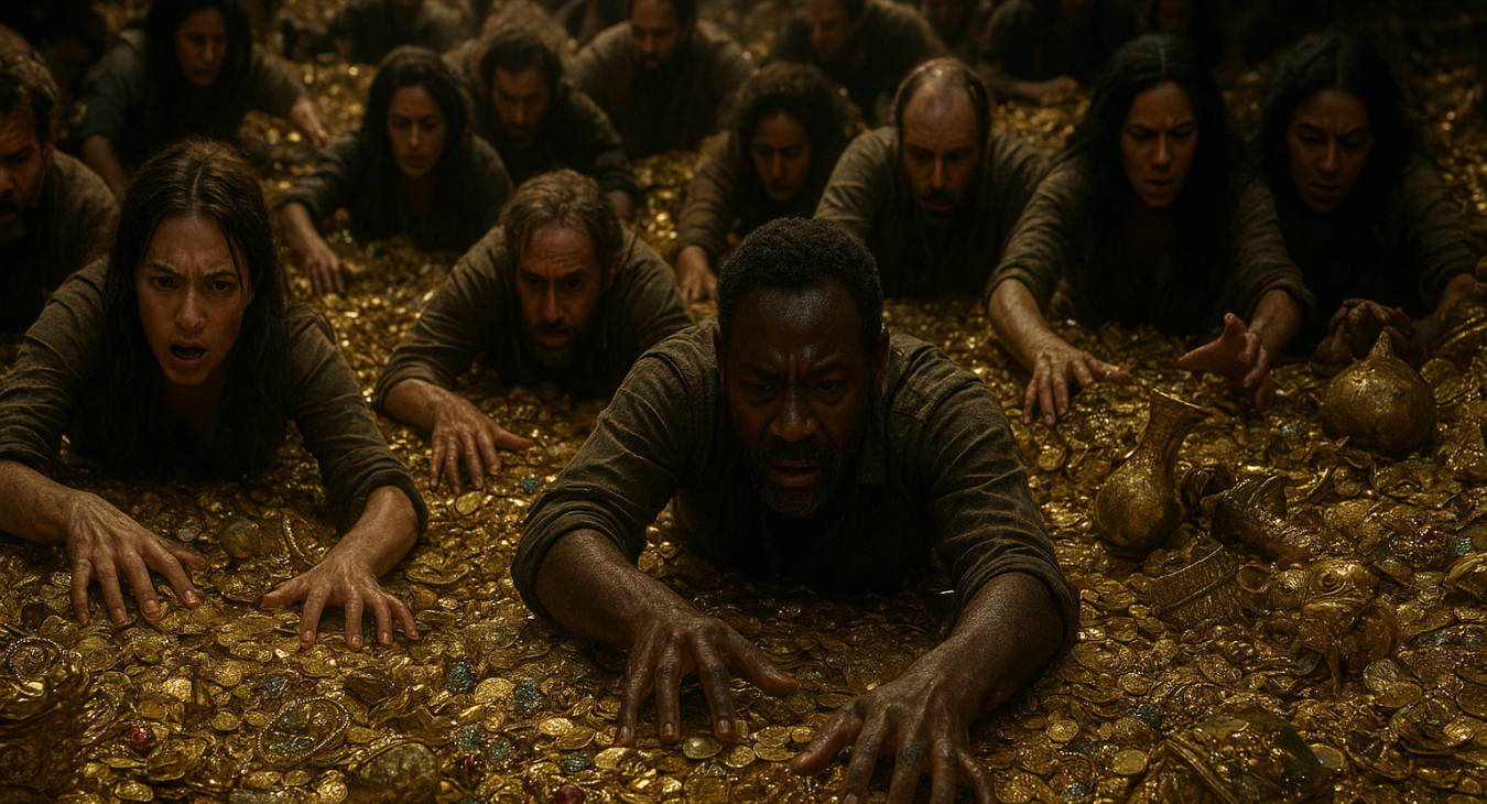 A cinematic photorealistic landscape image of a diverse group of men and women kneeling and reaching amidst enormous mounds of shimmering gold, jewels, and ancient artifacts.