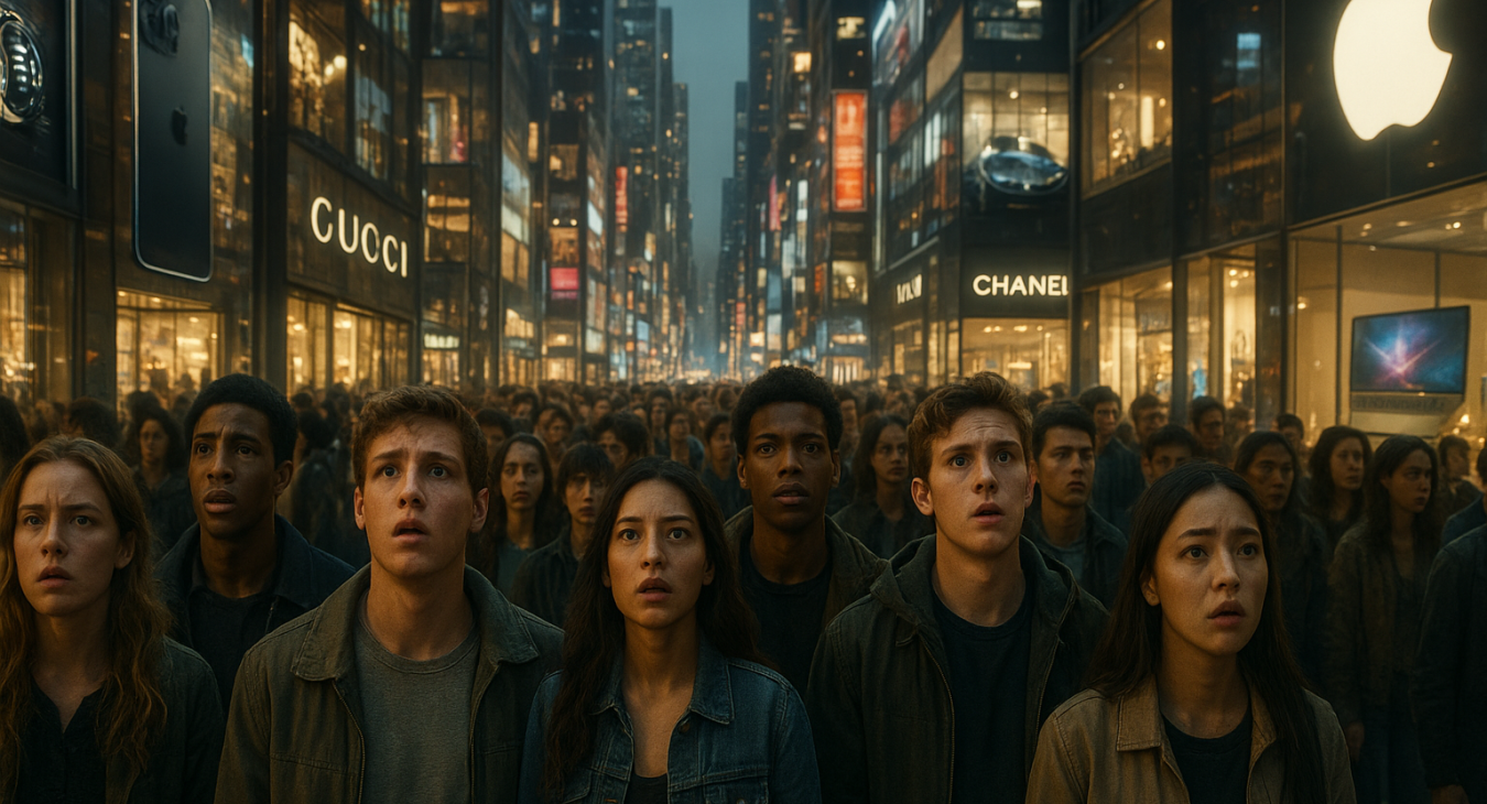 Diverse young people looking overwhelmed yet entranced by endless glowing displays of luxury goods, high-tech gadgets, and branded commodities.