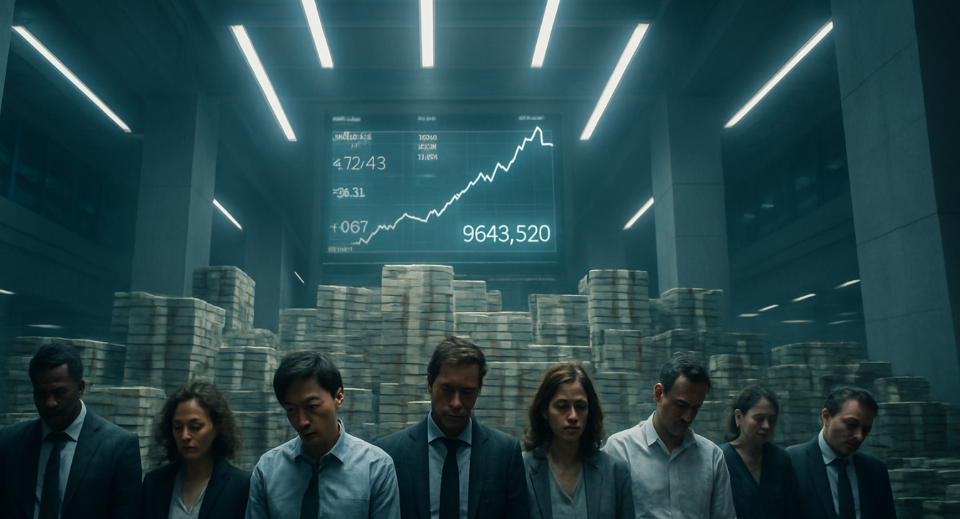 Exhausted diverse men and women dwarfed by towering stacks of currency in a sterile corporate atrium under harsh fluorescent light.