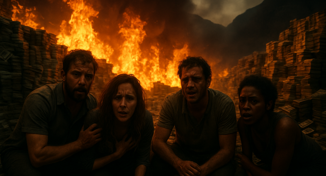 A photorealistic landscape of distressed people trapped in harsh industrial flames and surrounded by mountains of corrupt money, symbolizing unchecked greed.