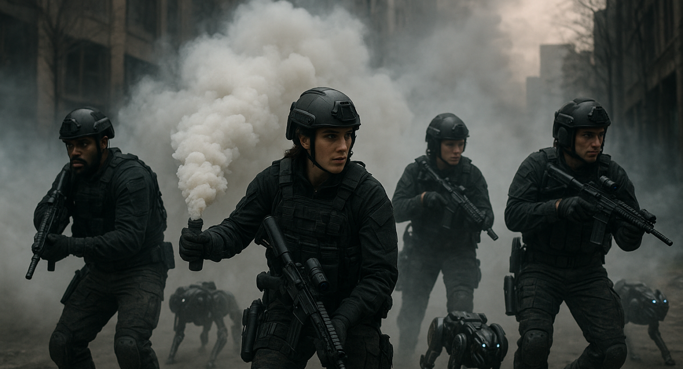 Diverse team of tactical operators deploying a dense smoke screen to blind and disorient advanced mechanical hounds.