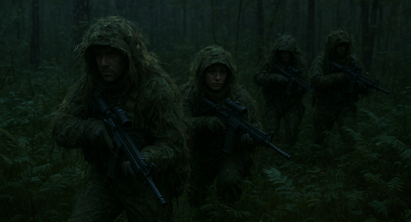 Photorealistic landscape photo of a coordinated tactical team of men and women blending seamlessly into a dense, overgrown forest at dusk, using advanced camouflage to evade modern surveillance drones and human observers.