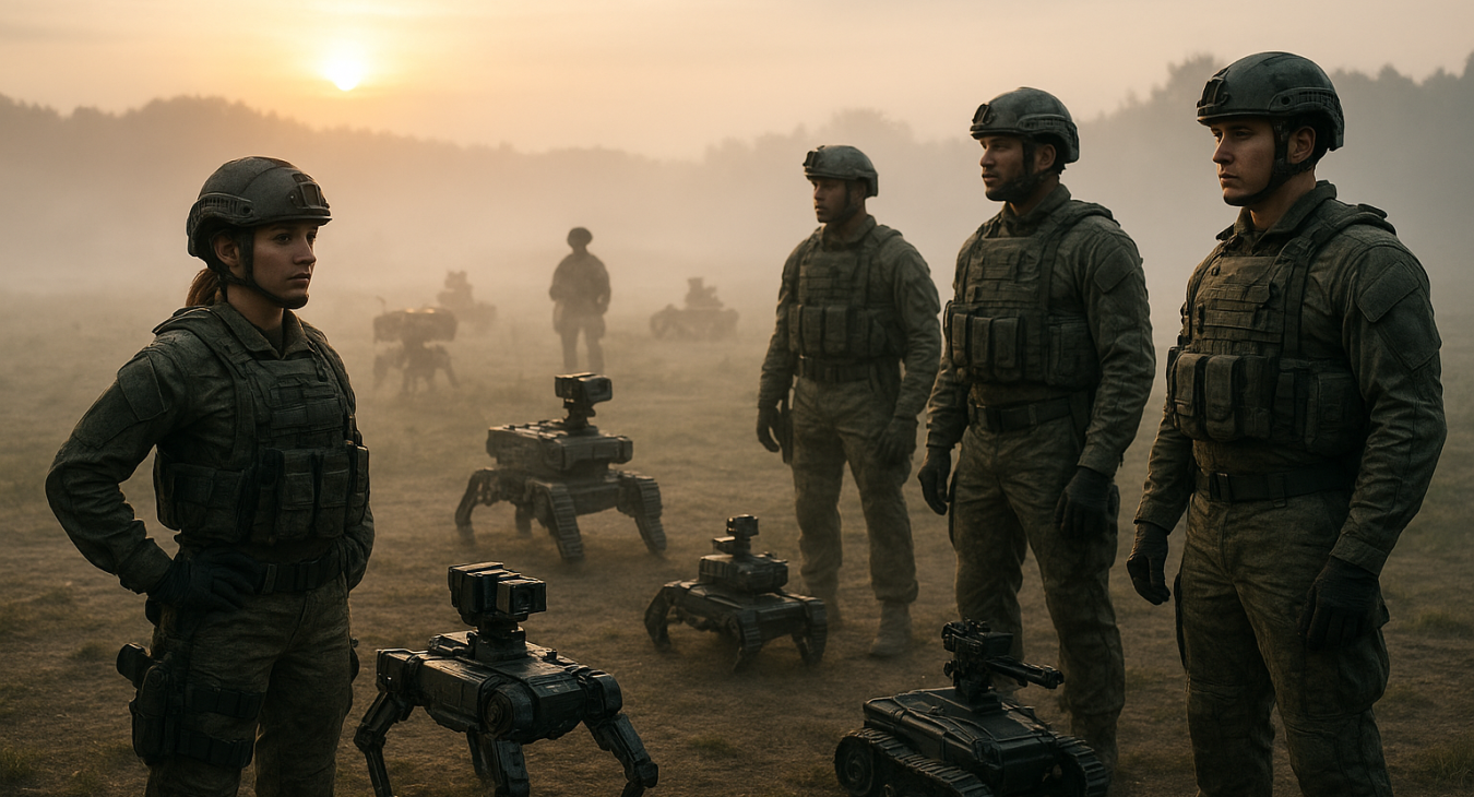 Diverse military teams in tactical gear oversee deployment of robotic units and unmanned ground vehicles on a misty battlefield at dawn.