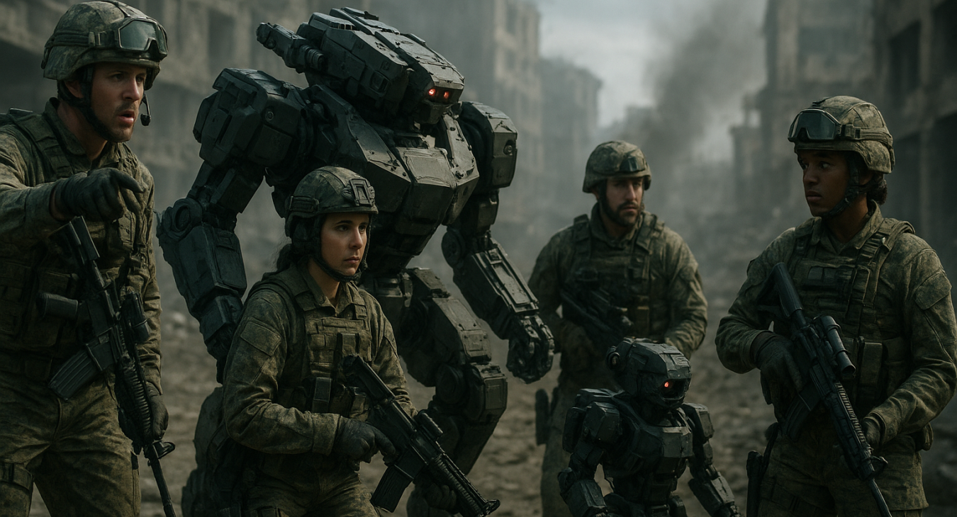 Diverse military teams of men and women directing advanced combat robots in a modern, tense tactical zone.