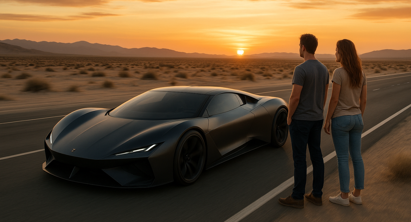 Futuristic stealth supercar speeding on a desert highway at sunset, with a man and woman watching from the roadside.