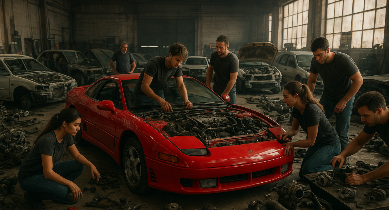 A cinematic, photorealistic wide-angle shot in a brightly lit industrial garage showing men and women collaborating around numerous dismantled donor cars and scattered performance parts, intensely focused on the restoration of a Dodge Stealth or Mitsubishi 3000GT.