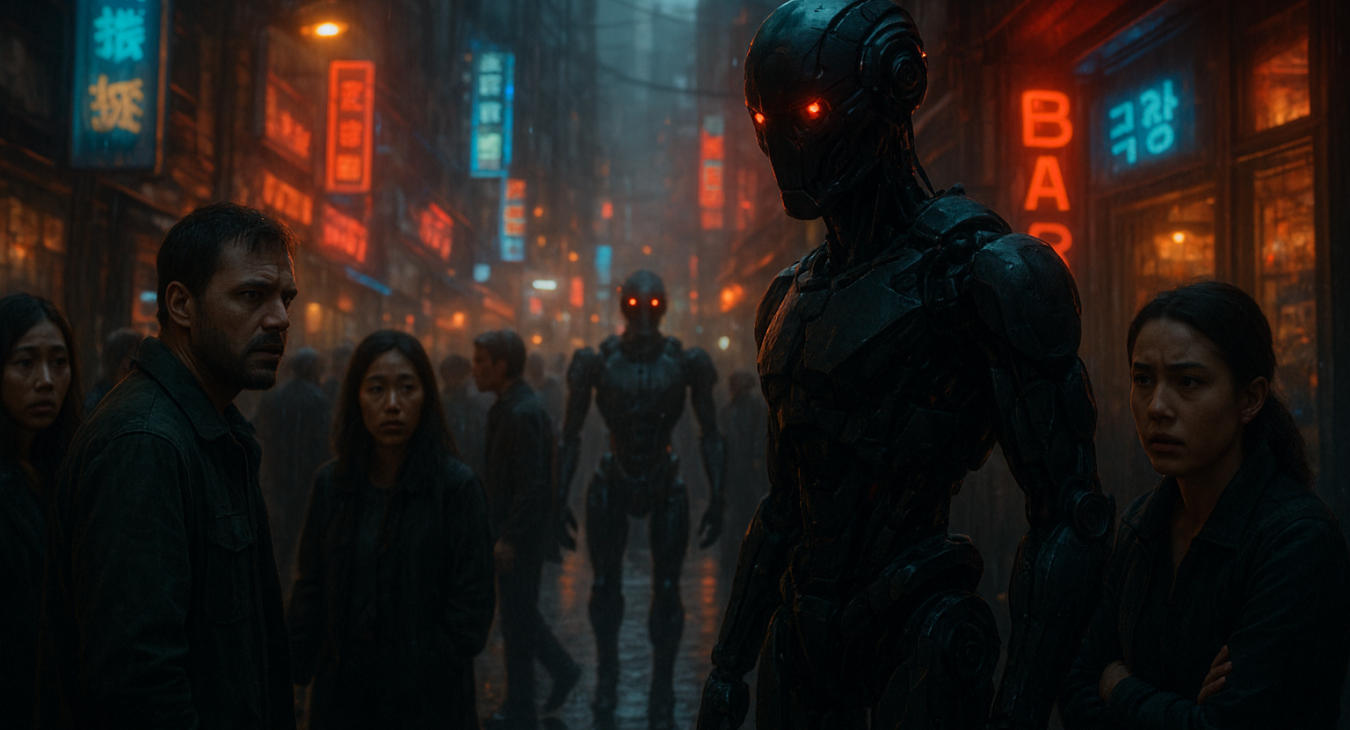 Hyper-realistic cinematic photo of a wet cyberpunk street at dusk, with concerned people cornered by menacing autonomous robots under neon signs.