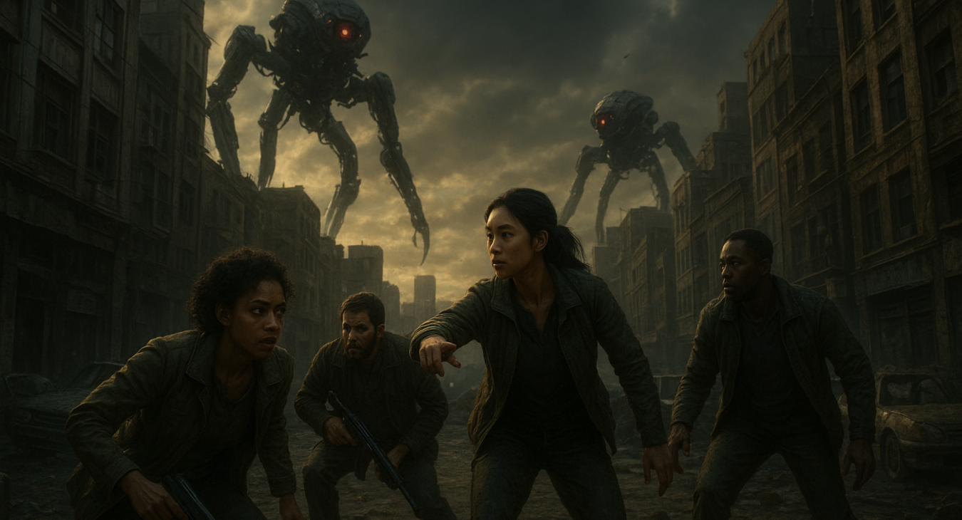 Photorealistic, cinematic landscape shot of a diverse group of women and men using complex strategies to safely evade menacing robotic threats in a densely populated urban environment under a dramatic sky.