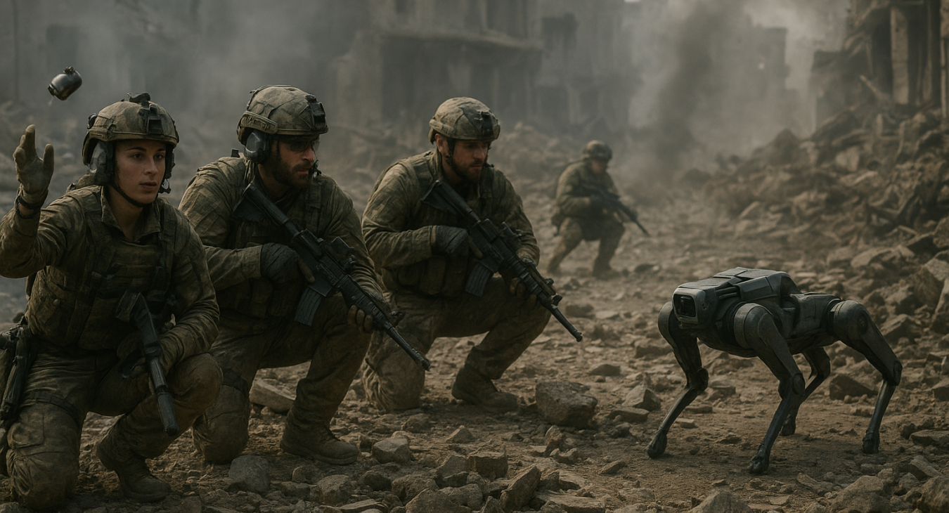 Soldiers in tactical gear crouch among rubble in a dusty modern war zone, deploying decoys to confuse an autonomous robotic dog.