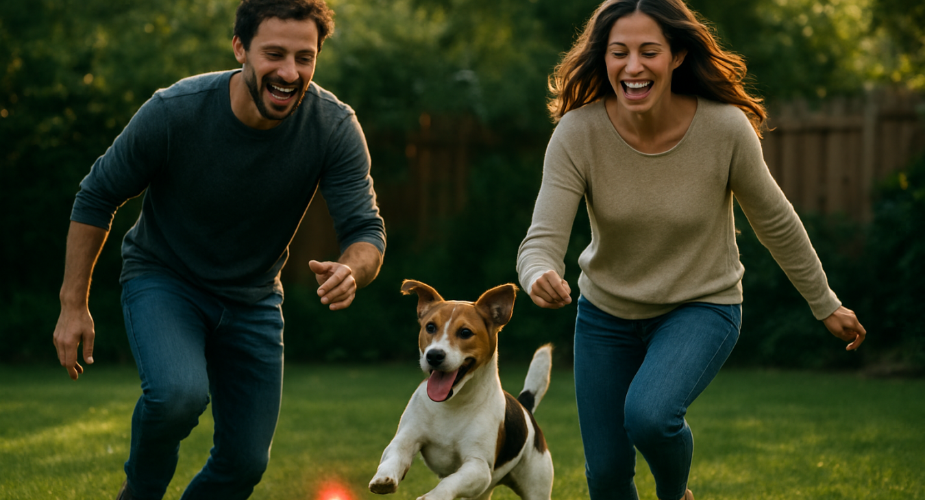 A laughing man and woman play with their joyful dog on a backyard lawn, chasing a bright red laser pointer dot.