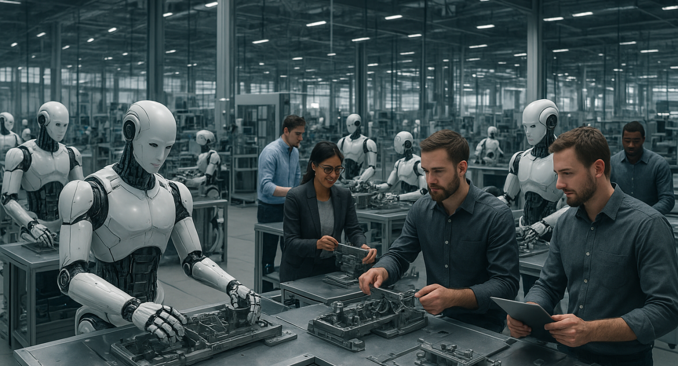 Diverse teams of men and women working alongside advanced humanoid robots on intricate assembly tasks in a large, futuristic research facility.