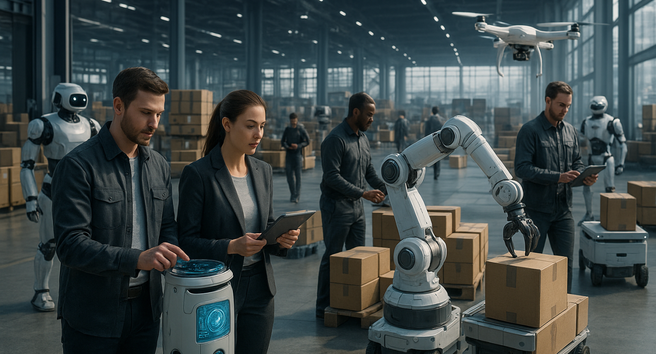 A vast, photorealistic logistical hub where diverse human workers collaborate seamlessly with advanced robotic systems, illustrating deep human-automation integration.