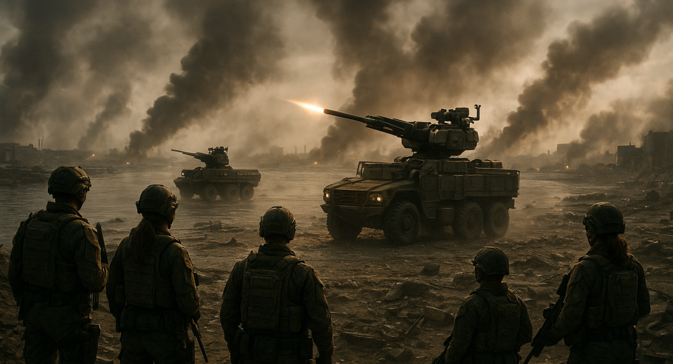 High-angle photorealistic scene of soldiers in tactical gear on a war-torn waterfront, watching autonomous weapon systems deploy from military vehicles to strike distant targets under smoke and dramatic lighting.