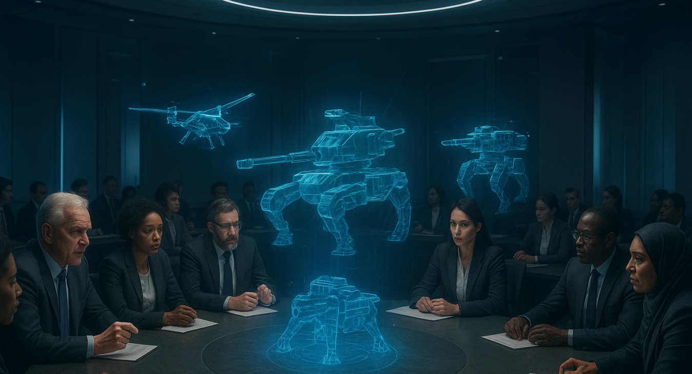 A high-angle photorealistic view of a serious global debate in a futuristic conference hall, with diverse people gathered around holographic projections of advanced autonomous weapon systems.