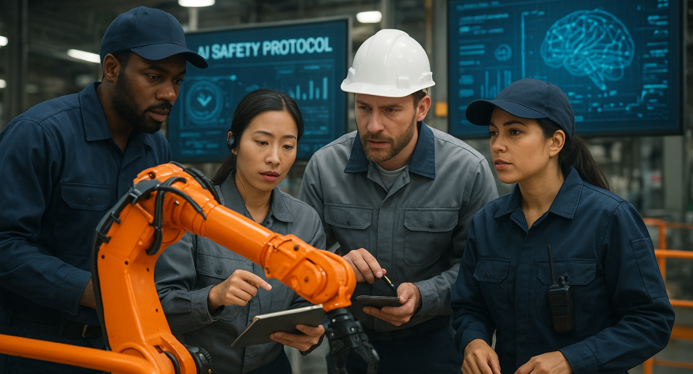 Diverse team of technicians in uniforms collaborating to troubleshoot a malfunctioning industrial robot arm, with bright orange safety barriers and complex digital display panels.