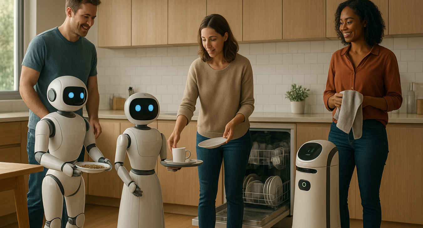 Photorealistic image of men and women interacting with advanced service robots in a brightly lit modern domestic setting, cinematic lighting and detailed portraiture.