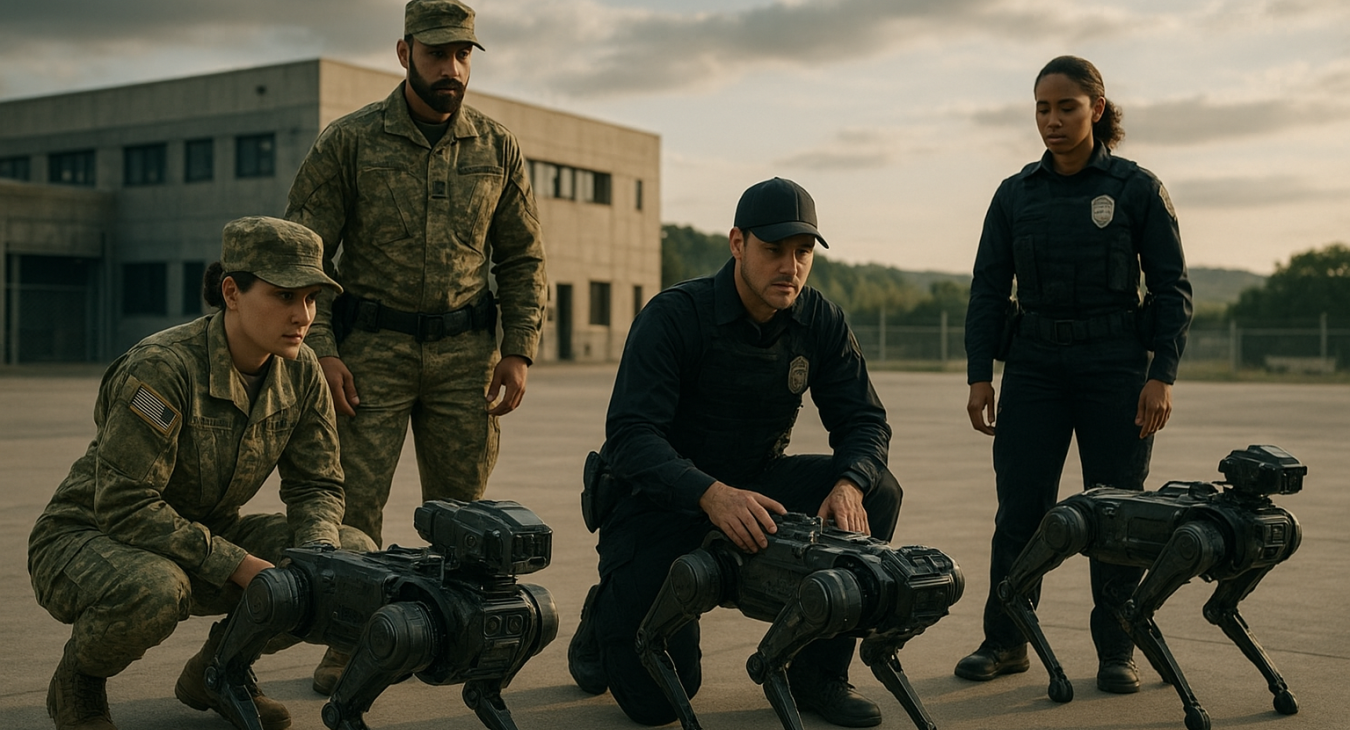Diverse military and security team with advanced robotic dogs at a modern training facility.