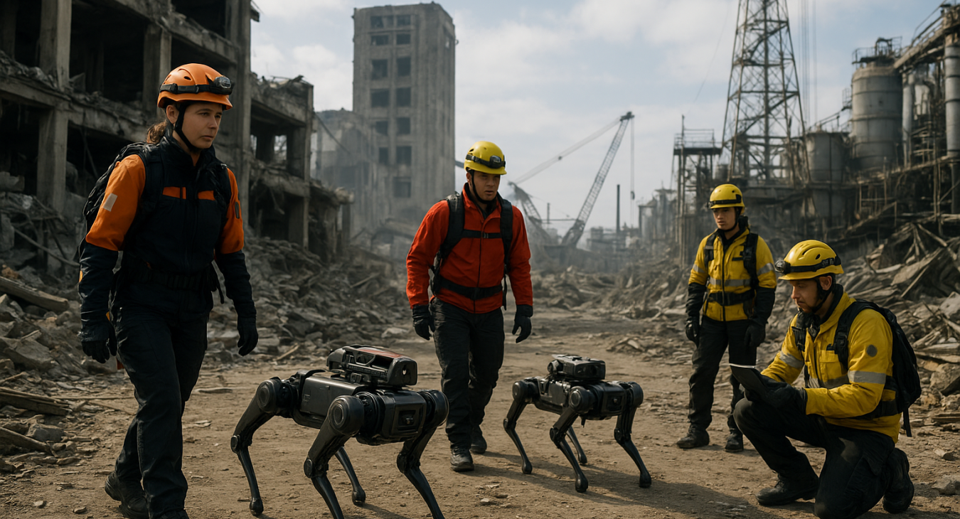A photorealistic wide-angle landscape photograph of diverse search and rescue teams, including women and men in specialized gear, working alongside advanced quadruped robots in an urban area showing collateral damage.