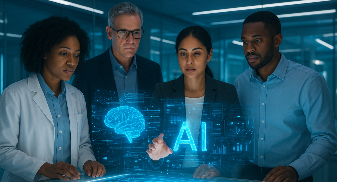 Diverse team of men and women in a futuristic lab interacting with holographic AI data streams, highlighting human-AI collaboration.