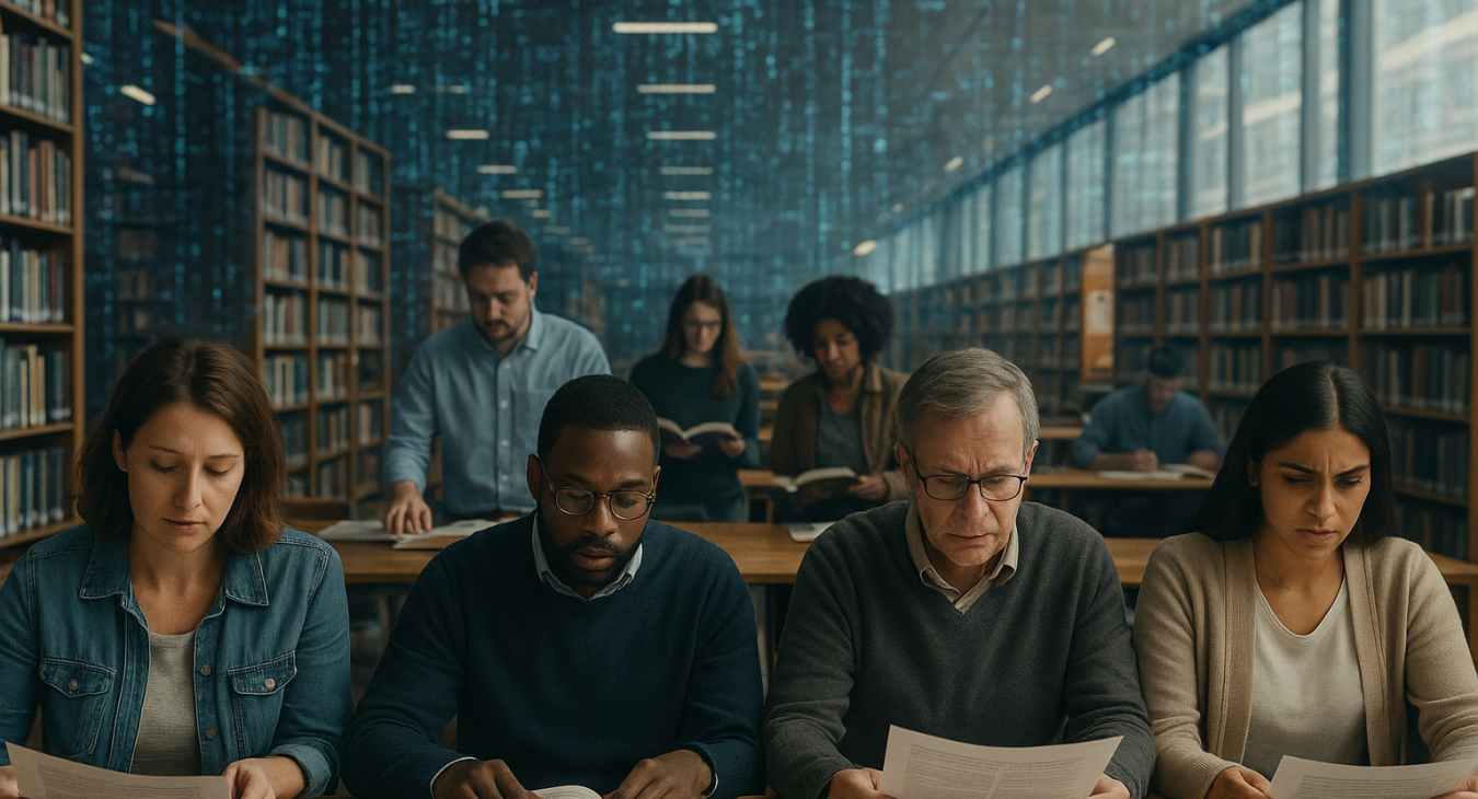 Diverse groups of men and women collaborate in a bright, overwhelming modern library, with chaotic streams of flashing data in the background contrasting with individuals focused in thoughtful study.