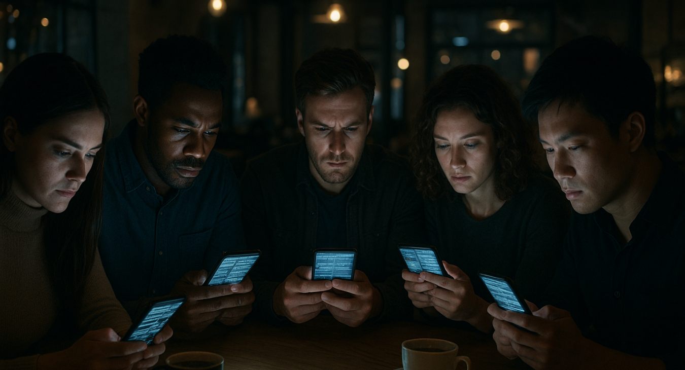A photorealistic wide shot of diverse people in a modern café, hunched over glowing smartphones, their faces harshly lit by endless scrolling content on the screens.