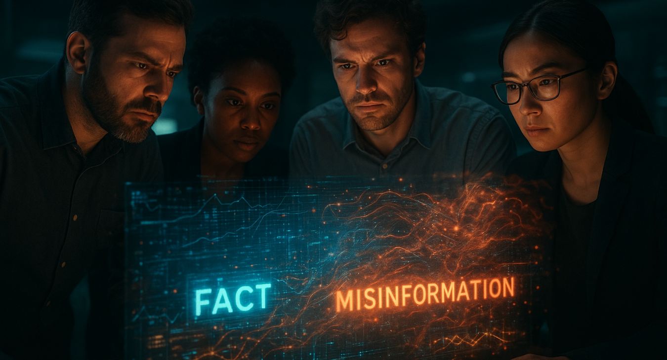 A diverse team of men and women gathered around holographic interfaces, analyzing data streams where clear facts glow amidst swirling bursts of misinformation.