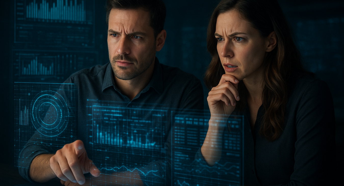 A man and woman collaborate around glowing holographic interfaces projecting complex data streams in a photorealistic cinematic landscape, symbolizing the modern information landscape while they engage in deep discussion.