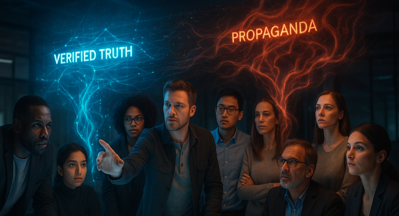 Diverse team collaboratively analyzing holographic data streams, with bright threads of verified truth contrasting against dark, swirling tendrils.